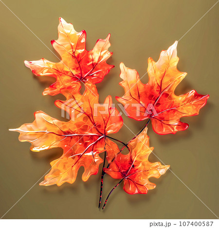 Autumn maple leaves made of glass. Bright orange and red colors. Stained glass, interior design 107400587