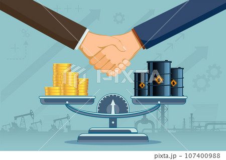 Weighing scales with oil barrels and money Weighing scales with oil barrels and money 107400988