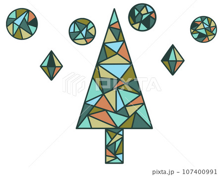 ステンドグラス風のクリスマスツリーとオーナメント 107400991