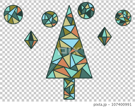 ステンドグラス風のクリスマスツリーとオーナメント 107400991