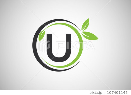 English alphabet with green leaves. Organic, eco-friendly logo design vector template 107401145