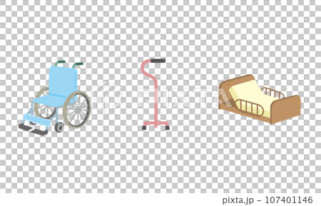 介護用品イラストセット　車椅子・4点杖・介護ベッド 107401146
