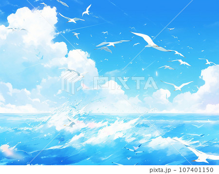 海と青い空と雲の中を飛ぶ白い鳥のイラスト素材 [107401150] - PIXTA