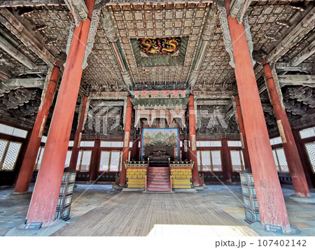 Ceiling of the traditional ancient old wooden Junghwajeon Hall of Deoksugung palace. Ceiling of the traditional ancient old wooden Junghwajeon Hall of Deoksugung palace. 107402142