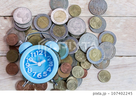 Office desk with money coins and business financial planning concept 107402245