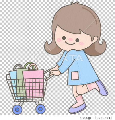 Little cute woman with shopping cart 107402541