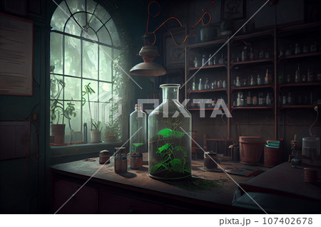 Old science lab with chemical reagents and burner 107402678
