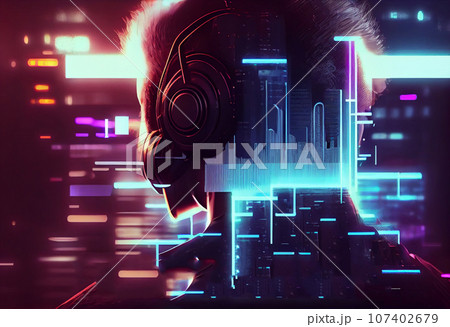 Woman DJ in cyberpunk neon style headphones with equalizer hologram. Sound beats techno musical concept background. 107402679