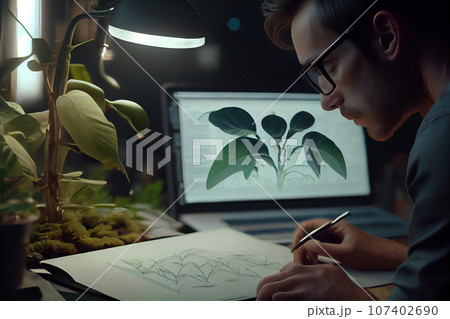 A scientist in a biotechnology laboratory conducts an experiment on a plant to create new drugs and skin care products. science and development concept 107402690