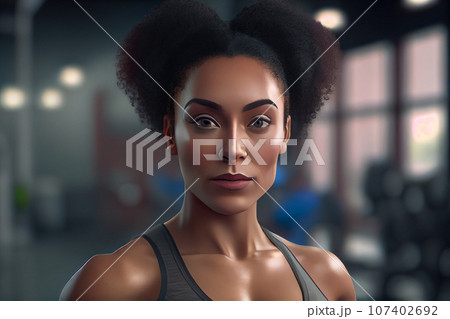 Portrait of confident young woman standing in gym. African female fitness model looking at camera. 107402692
