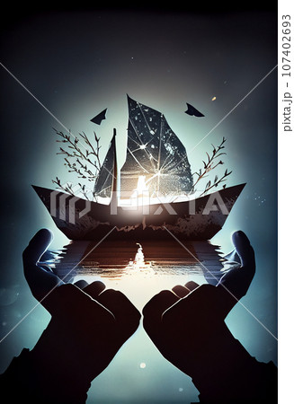 Hands holding paper boat with a person in boat. Dream and goal concept. Dream big, set goals, take action.  107402693