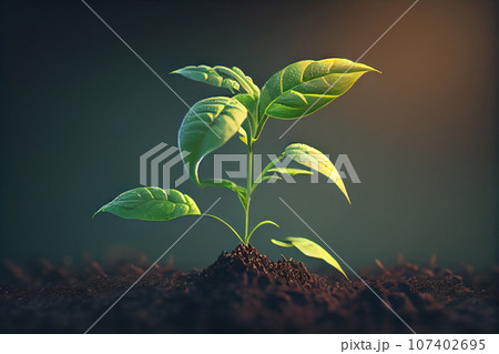 A delicate fragile sprout in the field reaches for the sun. Agricultural crops in the open field. Selective focus. 107402695