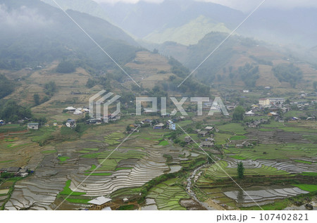Aerial view of Sapa rice terraces in Vietnam. Aerial view of Sapa rice terraces in Vietnam. 107402821