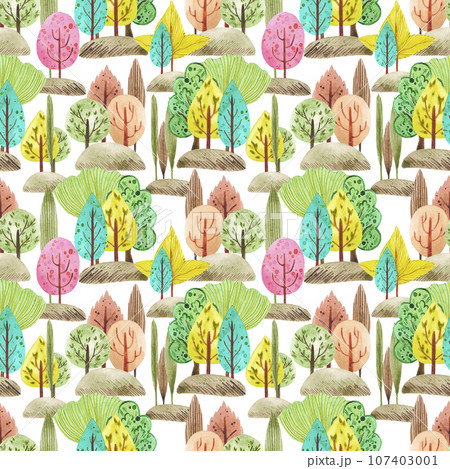 Hand drawn watercolor autumn forest seamless pattern isolated on white background. Can be used for children textile, wrapping paper, fabric and other printed products. Hand drawn watercolor autumn forest seamless pattern isolated on white background. Can be used for children textile, wrapping paper, fabric and other printed products. 107403001