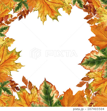 A wreath of bright autumn leaves in watercolor style, on an isolated white background, hand-drawn, botanical painting for design, print, a botanical frame in eco-style. 107403504