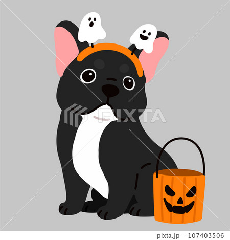 ハロウィン仕様のお座りする黒いフレンチブルドッグ　主線なし 107403506