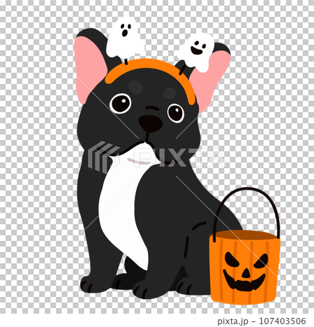 ハロウィン仕様のお座りする黒いフレンチブルドッグ　主線なし 107403506