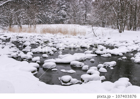 冬の亀田川に雪見大福出現 冬の亀田川に雪見大福出現 107403876