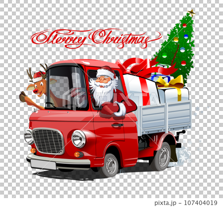 Christmas card with cartoon retro Christmas truck 107404019