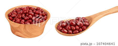 Red adzuki beans in wooden bowl isolated on white background Red adzuki beans in wooden bowl isolated on white background 107404641