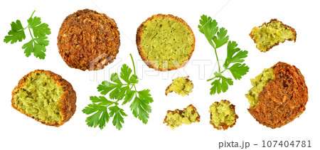 falafel ball isolated on a white background with full depth of field. Top view. Flat lay. falafel ball isolated on a white background with full depth of field. Top view. Flat lay. 107404781