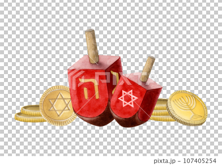 Hanukkah holiday symbols, red dreidels and gold coins gelt watercolor illustration isolated on white background. Hand drawn Chanukkah sevivons horizontal banner Hanukkah holiday symbols, red dreidels and gold coins gelt watercolor illustration isolated on white background. Hand drawn Chanukkah sevivons horizontal banner 107405254