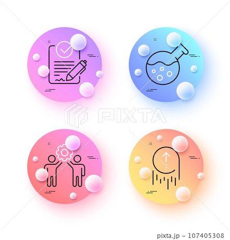 Employees teamwork, Chemistry lab and Swipe up minimal line icons. 3d spheres or balls buttons. Rfp icons. For web, application, printing. Collaboration, Laboratory, Scrolling page. Vector Employees teamwork, Chemistry lab and Swipe up minimal line icons. 3d spheres or balls buttons. Rfp icons. For web, application, printing. Collaboration, Laboratory, Scrolling page. Vector 107405308