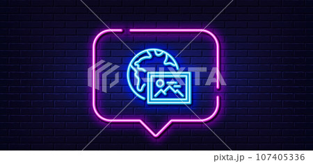 Neon light speech bubble. Web photo line icon. Image thumbnail sign. Picture album placeholder symbol. Neon light background. Web photo glow line. Brick wall banner. Vector 107405336