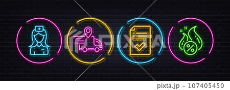 Delivery truck, Hospital nurse and Approved checklist minimal line icons. Neon laser 3d lights. Hot loan icons. For web, application, printing. Vector Delivery truck, Hospital nurse and Approved checklist minimal line icons. Neon laser 3d lights. Hot loan icons. For web, application, printing. Vector 107405450