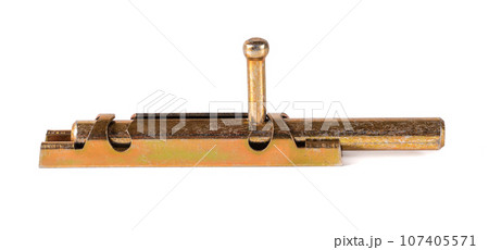 Yellow metal door latch isolated on white background 107405571