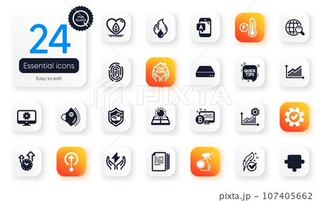 Set of Science flat icons. Safe energy, Internet search and Stay home elements for web application. Service, Coronavirus statistics, Coronavirus spray icons. Sun energy, Swipe up. Vector 107405662