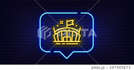 Neon light speech bubble. Sports stadium line icon. Arena with flag sign. Sport complex symbol. Neon light background. Arena glow line. Brick wall banner. Vector Neon light speech bubble. Sports stadium line icon. Arena with flag sign. Sport complex symbol. Neon light background. Arena glow line. Brick wall banner. Vector 107405673