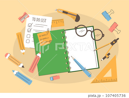 School supplies on the desk top view 107405736