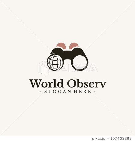 World Mission logo design vector. Globe and binocular symbol template. 107405895
