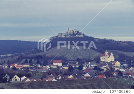 Falkenstein ruins and town with vineyard, Lower Austria, Austria Falkenstein ruins and town with vineyard, Lower Austria, Austria 107406160