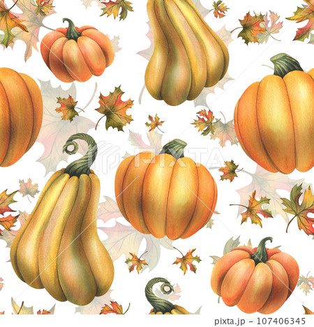 Orange autumn pumpkins with maple leaves. Watercolor illustration, hand drawn. Seamless pattern on a white background Orange autumn pumpkins with maple leaves. Watercolor illustration, hand drawn. Seamless pattern on a white background 107406345
