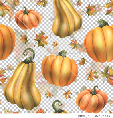 Orange autumn pumpkins with maple leaves. Watercolor illustration, hand drawn. Seamless pattern on a white background Orange autumn pumpkins with maple leaves. Watercolor illustration, hand drawn. Seamless pattern on a white background 107406345
