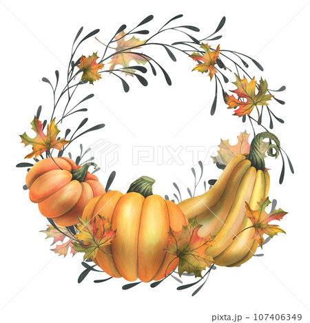 Orange autumn pumpkins with maple leaves and twigs. Watercolor illustration, hand drawn. Circle, round frame, wreath, template on a white background 107406349