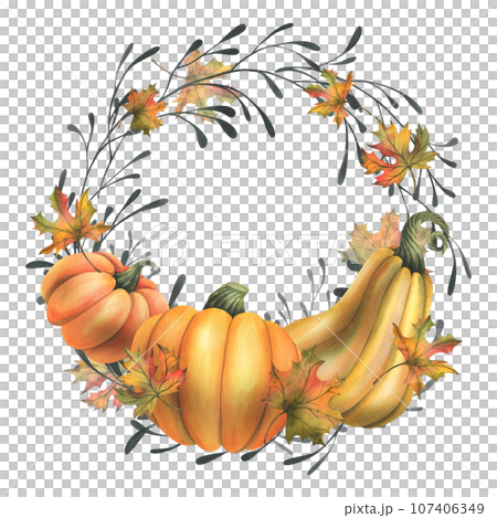 Orange autumn pumpkins with maple leaves and twigs. Watercolor illustration, hand drawn. Circle, round frame, wreath, template on a white background 107406349