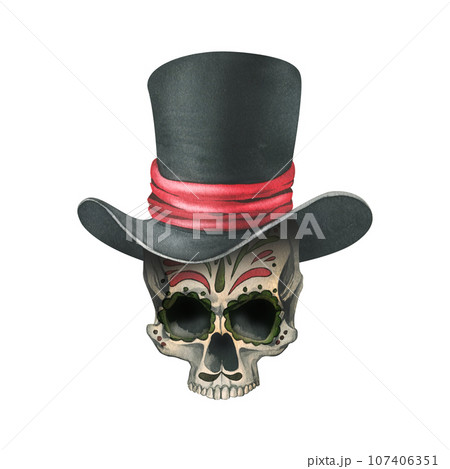 Ornamented human skull in a black top hat with a red ribbon. Hand drawn watercolor illustration for day of the dead, halloween, Dia de los muertos. Isolated object on a white background 107406351