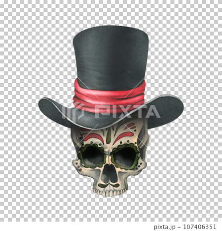 Ornamented human skull in a black top hat with a red ribbon. Hand drawn watercolor illustration for day of the dead, halloween, Dia de los muertos. Isolated object on a white background 107406351