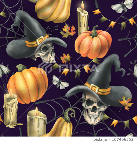 Human skulls in a black witch hat, orange pumpkins, candles and autumn maple leaves. Hand drawn watercolor illustration for Halloween. Seamless pattern on a dark purple background. 107406352