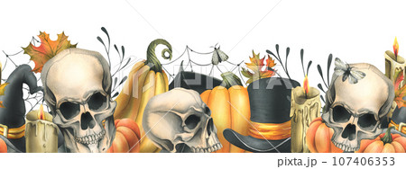 Human skulls with orange pumpkins, candles, night moths, cobwebs and autumn leaves. Hand drawn watercolor illustration for Halloween and Day of the Dead. Seamless border on a white background 107406353