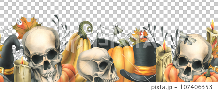 Human skulls with orange pumpkins, candles, night moths, cobwebs and autumn leaves. Hand drawn watercolor illustration for Halloween and Day of the Dead. Seamless border on a white background 107406353