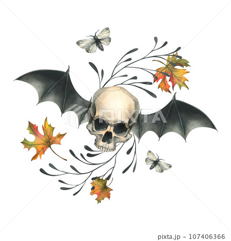 Human skull flying with bat wings, night moths and autumn maple leaves. Hand drawn watercolor illustration for Halloween. Isolated composition on a white background 107406366