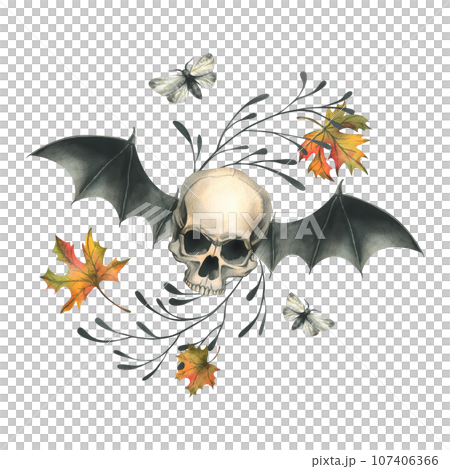 Human skull flying with bat wings, night moths and autumn maple leaves. Hand drawn watercolor illustration for Halloween. Isolated composition on a white background 107406366