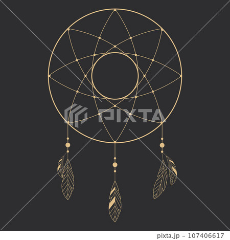 Golden tribal dream catcher native ornament with feathers hanging indian amulet on dark background. Golden tribal dream catcher native ornament with feathers hanging indian amulet on dark background. 107406617