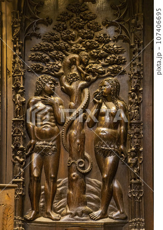 Adam and Eve, Auch Cathedral, UNESCO site, Midi-Pyrenees, France Adam and Eve, Auch Cathedral, UNESCO site, Midi-Pyrenees, France 107406695