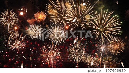 Golden Firework celebrate anniversary independence day night time celebrate national holiday. Countdown to new year 2024 party time event. Happy new year 2024, 4th of july holiday festival concept Golden Firework celebrate anniversary independence day night time celebrate national holiday. Countdown to new year 2024 party time event. Happy new year 2024, 4th of july holiday festival concept 107406930