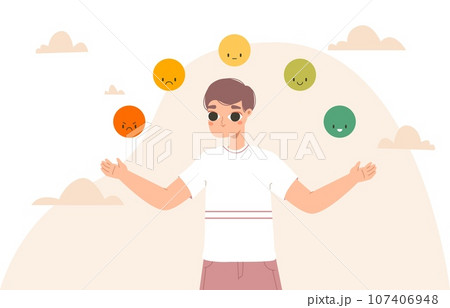 Emotional balance and choose your emotions. Mental health, guy thinking about his daily mood. Good and bad feeling, rating snugly vector scene 107406948